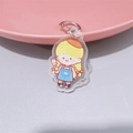 Detail of cute acrylic keychain girl with yellow hat and blue apron on pink dish - Casual Suspenders Girl (With Lobster Clasp)