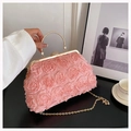 Pink evening bag with 3D floral rosettes featuring golden handle and chain strap - Pink
