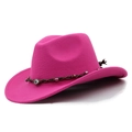 Detail of hot pink felt western cowboy hat with woven band and blue evil eye beads - Rose Red