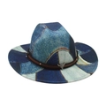 Western denim patchwork cowboy hat with brown leather band and silver bull skull ornament - One Size / Royal Blue (Cowboy Bull Head)