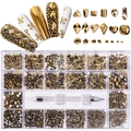 Detailed 21-grid nail art rhinestone set with gold flatback crystals and dotting tool - Mineral Gold Set