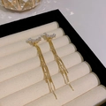 Elegant gold drop earrings with moon-shaped pavé diamonds and long tassel chains - Gold Crescent Pave Zirconia Tassel (HSLE5215 Gold)