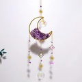 Golden crescent moon sun catcher featuring natural purple amethyst and hanging prisms - Amethyst (with small stones)