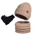 Winter set with beige fleece-lined knitted hat, neck warmer and black non-slip gloves - Khaki 3-Piece Set