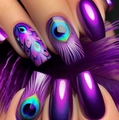 Purple press-on nails featuring peacock feather hand-painted design and cat eye finish - Purple Peacock Feather Cat Eye Style (AW283)