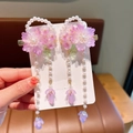 Pair of pink and purple floral hair clips with pearls and tassels for girls' Hanfu style - Pink Purple Flower Pearl