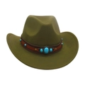 Olive green wool western cowboy hat featuring a brown leather band and turquoise stones - Army Green