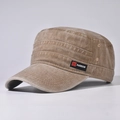 Detail of khaki washed cotton military cap with fashion logo and side metal eyelets - Adjustable / Khaki