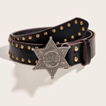 Punk schwarzer Ledergürtel mit Nieten und silberner Sheriff-Sternschnalle auf Beige - Schwarz