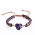 Detail of a purple heart-shaped stone on a khaki braided bracelet with purple beads - Purple Natural Stone Style (Style-07)