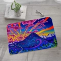 Absorbent flannel floor mat with psychedelic mountain print on a gray wood floor - Style 5-Colorful Mountains and Clouds Psychedelic Illustration