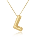 Detailed close-up of golden balloon-style letter L pendant with box chain on white surface - Letter L / Gold