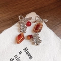 Detailed shot of retro orange resin earrings with silver bows on a textured background - Silver Bowknot Red Vintage Bead Earrings (61# Silver Needle - Red - Silver)