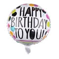 Detail of white round foil balloon with Happy Birthday text and colorful polka dots - 18 Inch U (White Base Colorful Dots)
