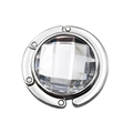 Portable round folding bag hook with polished metal and crystal rhinestone inlay - White