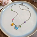 Detail of colorful beads and cute elephant charms on a stainless steel flower necklace - Cartoon Pendant Beaded Clavicle Necklace (HB4081 HE27040)