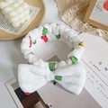 White coral fleece headband with colorful strawberry prints and a large soft bow knot - Print 1