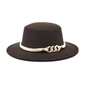 Dark brown wide brim wool felt flat top hat with braided rope and gold diamond buckle - M (56-58cm) / Coffee