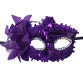 Detailed close-up of a purple sequin masquerade mask with floral side decoration and rhinestones - Sequin Side Flower [Purple]