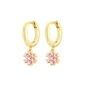 Detailed shot of gold hoop earrings with pink flower zircon pendants on white background - Gold with Pink & White Flower Drop Earring