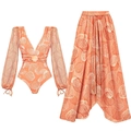 Women's orange two-piece swimsuit with V-neck long-sleeve bodysuit and mesh maxi skirt - S / Orange One-Piece Set