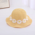 Pale yellow straw hat for girls featuring white daisy embroidery and wavy brim - Daisy / Circumference 50-53cm / Yellow