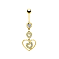 Detail shot of golden heart-shaped belly ring featuring sparkling clear crystal rhinestones - Multi-layer Hollow Heart Style (BR3122312)