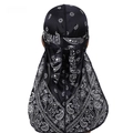 Back view of navy paisley durag showing long straps and silky satin fabric texture - Navy Paisley