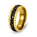 Draaibare herenring van titaniumstaal met zwarte Cubaanse schakels en gouden randen - US 8 / Gouden Ring + Zwarte Ketting