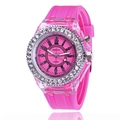Geneva fashion quartz watch with bright pink silicone strap and rhinestone-studded bezel - Rose Red