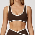 Soutien-gorge de sport marron chocolat avec liseré blanc et legging à taille en V - Café Foncé