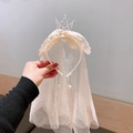 Girls princess crown headband with white lace veil and elegant pearl tassel charms - 1# Crown Beige