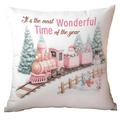 Christmas pillowcase featuring Santa Claus on a pink train with holiday greeting - Most Wonderful Time Train