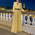 Close-up of golden sequin jumpsuit with V-neck, long sleeves and black belt detail - Gold with Belt
