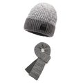 Winter knitted beanie and scarf set in heather grey with warm fleece lining and leather patch - One Size / Gray