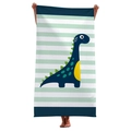 Detail of soft beach towel with blue stripes and a cute cartoon dinosaur illustration - JF813-3 Blue Green Striped Dinosaur / 160x80cm Microfiber