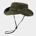Close-up of army green outdoor sun hat featuring vintage metal side snaps and adjustable drawcord - One Size / Army Green
