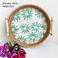 Detail of 22cm round rattan tray with inlaid green shell floral pattern and wood handles - Green Flower / Small 22x3cm