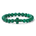 Natural malachite texture stone beaded bracelet with matching cross pendant charm - Green Peacock Stone