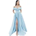 Sky blue off-shoulder evening gown featuring a satin finish and a high slit detail - US 2 / Light Blue