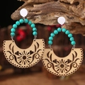 Western style wooden hollow earrings with turquoise beads in bohemian vintage design - Natural Wood Hollow + Turquoise Green Beads