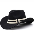 Cappello fedora classico in feltro di lana nero con nastro a righe stile cowboy - M (56-58cm) Regolabile / Nero