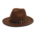 Detail of dark brown wool fedora hat featuring a slim black leather belt and gold buckle - M (56-58cm) / Coffee