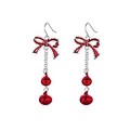 Festive Christmas drop earrings featuring red bows and small hanging silver bells - Red Bow Double Bell (EHMT-008HJ-Y)