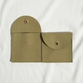 Army green microfiber jewelry pouch with gold snap button in open and closed view - 8*8cm / Army Green