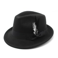 Chapeau fedora classique en feutre de laine noir avec ruban satiné et plume décorative - M (56-58cm) / Noir