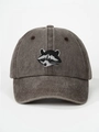 Detail of embroidered raccoon face on vintage charcoal grey washed cotton baseball cap - 56-58cm (Adjustable) / Coffee
