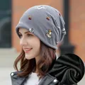 Dark grey knitted beanie featuring cartoon cat prints and warm black fleece lining inside - Fleece Lined Style / Cartoon Cat Dark Grey