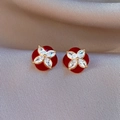 Orecchini a fiore rossi con zirconi marquise e finitura dorata in stile elegante - Orecchini a Bottone Floreali a Croce / Rosso Bianco Oro (118# Perno in Argento)