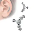 Surgical stainless steel labret stud with 5 clear cubic zirconia gems in curved design - Ball Style / White